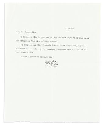 BOWLES, PAUL. Archive of 9 items, each Signed, to publisher Tim Hinterding: 6 Typed Letters * Brief Autograph Letter * Printed Document